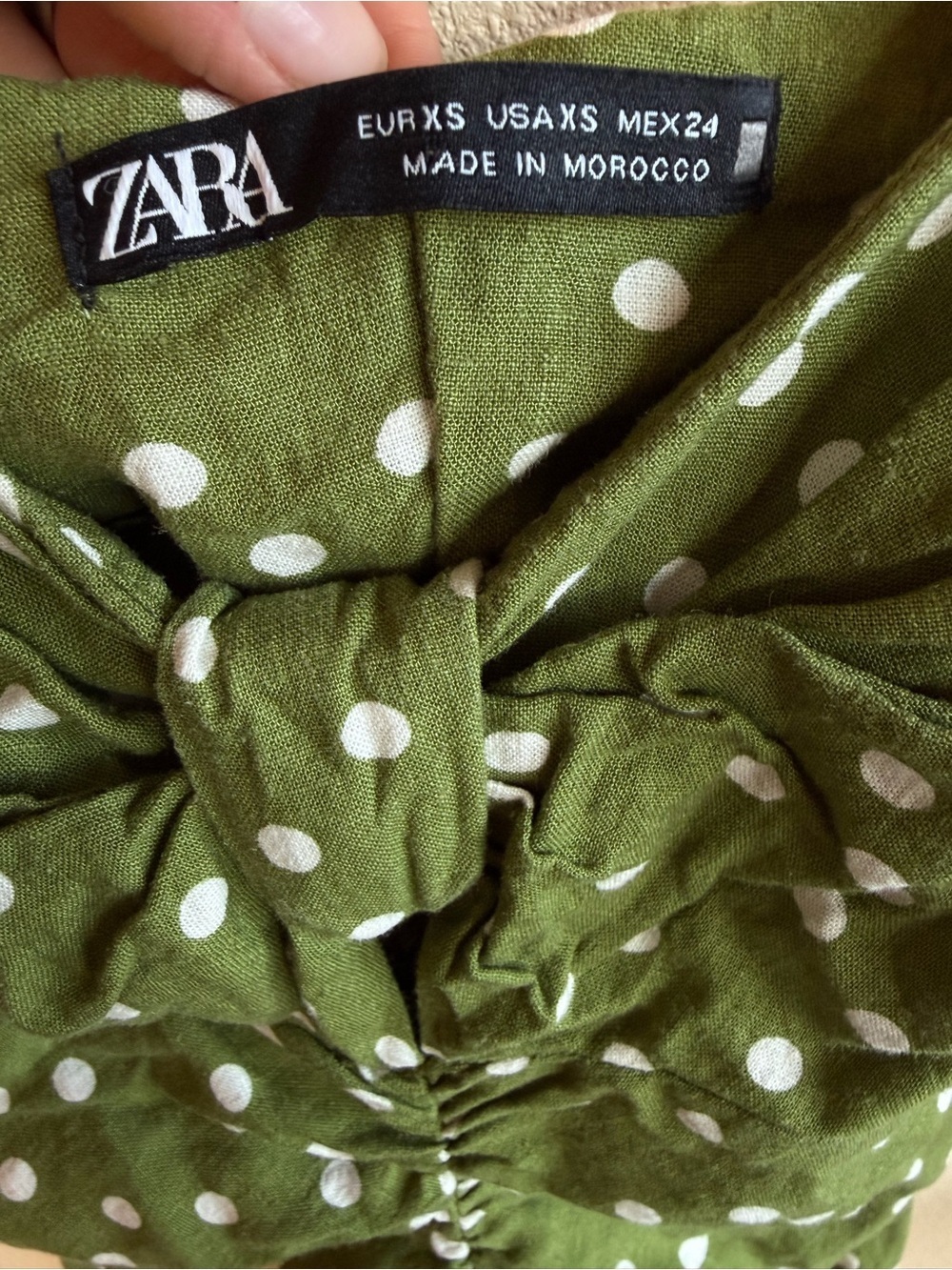 Zara Green White Linen Polka Dot Ruched Mini Dress Ruffle Hem Cottagecore Y2K - Picture 7 of 9